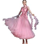 MLYYX Robes De Danse De Salon Brodées pour Femme Costume De Compétition De Valse Et De Tango Robe De Danse Latine Moderne À Manches Courtes avec Un Col Raffiné,Rose,M