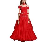 MLYYX Robes De Danse De Salon Brodées pour Femme Tenue D'entraînement Bustier pour Valse Et Tango Robe De Danse Latine Jupe D'entraînement Moderne pour Salsa,Rouge,L