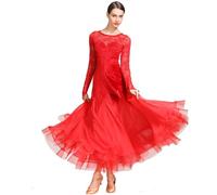 MLYYX Robes De Danse De Salon en Dentelle pour Femme Costume De Valse Et Tango Robe De Danse Latine en Velours Jupe De Danse Moderne Et Justaucorps,Rouge,XL