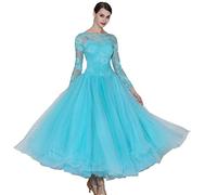 MLYYX Robes De Danse De Salon en Dentelle pour Femme Tenue De Danse Standard pour Valse Et Tango Tenue De Danse Moderne pour Entraînement À La Salsa Grande Jupe Trapèze,Bleu,XXL