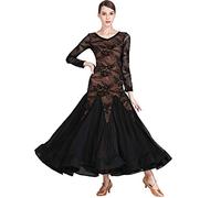 MLYYX Robes De Danse De Salon en Dentelle pour Salsa Vêtements De Valse À Col en V pour Femme Costume De Spectacle Moderne À Manches Longues Vêtements De Danse De Tango Standard,Noir,L