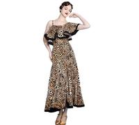 MLYYX Robes De Danse De Salon Léopard Costume De Danse D'entraînement Tango Salsa sans Bretelles pour Femmes Feuille De Lotus Robe De Spectacle De Valse Flamenco,A,XXL