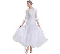 MLYYX Robes De Danse De Salon pour Femmes Professionnelle Robe De Danse Standard Nationale Valse Tango Costume De Compétition De Salsa Col Rond Vêtements De Danse Performance Flamenco,Blanc,3XL