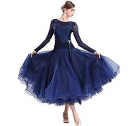 MLYYX Robes De Danse De Salon pour Femmes Robe De Pratique De La Valse du Tango À Col Rond Tenue De Danse Performance Standard Flamenco Moderne Costume De Danse Salsa Élégant,Dark Blue,XXL