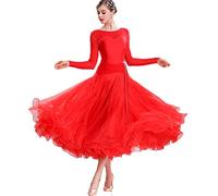 MLYYX Robes De Danse De Salon pour Femmes Robe De Pratique De La Valse du Tango À Col Rond Tenue De Danse Performance Standard Flamenco Moderne Costume De Danse Salsa Élégant,Rouge,XXL