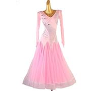 MLYYX Robes De Danse Latine À Col en V Robe De Danse De Salon Cha Cha pour Femme Tenue D'entraînement De Valse Fox-Trot À Manches Longues avec Strass,Rose,XL