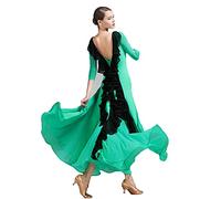 MLYYX Robes De Danse Performance De Salon pour Femmes Costume D'entraînement Valse Tango Col Rond Simple Tenue De Danse Foxtrot Moderne Dos Nu À Manches 2/3 Grande Jupe Évasée,Vert,XL