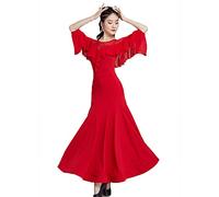 MLYYX Trompette Manches Longues Femme Tenue De Danse De Performance Moderne Valse Collier Feuille De Lotus Robes De Danse De Salon Classiques À Col Rond Vêtements De Danse Flamenco Tango,Rouge,XXL