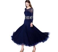 MLYYX Vêtements de Danse de compétition Waltz Foxtrot à col Rond Robe de Danse de Salon pour Femmes Costumes de Danse Moderne en Dentelle Costume trapèze à Manches Longues en Maille,Navyblue,M