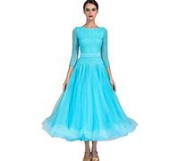 MLYYX Vêtements De Danse Valse Moderne À Col Rond Robes De Danse De Salon en Dentelle Robe Tango Performance À Manches 2/3 pour Femme Grande Jupe Évasée en Tulle A-Line,Bleu,S