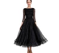 MLYYX Vêtements De Danse Valse Moderne À Col Rond Robes De Danse De Salon en Dentelle Robe Tango Performance À Manches 2/3 pour Femme Grande Jupe Évasée en Tulle A-Line,Noir,S