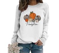MLZHAN Hey Pumpkin Sweatshirt pour femme, Sweats à carreaux drôles à imprimé citrouilles et léopard, T-shirts Harajuku à manches longues pour l'automne, blanc, M