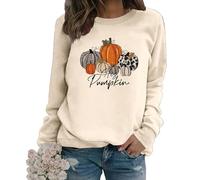 MLZHAN Sweatshirt Hey Pumpkin pour Femme, Sweats à Carreaux Drôles à Imprimé Citrouilles et Léopard, T-Shirts Harajuku à Manches Longues pour l'Automne, Beige, M