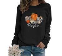 MLZHAN Sweatshirt Hey Pumpkin pour Femme, Sweats à Carreaux Drôles à Imprimé Citrouilles et Léopard, T-Shirts Harajuku à Manches Longues pour l'Automne, Noir, S