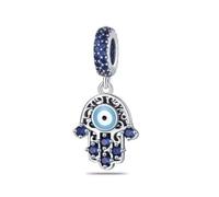 MM Charms Breloque main de Fatima avec mauvais œil, pierres en cristal bleu, en argent sterling, perle de bracelet