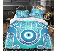 MMDASBVPE Symbole Hamsa Bleu Housse de Couette Microfibre Hypoallergique 3D Effet Confortable Motifs ornementaux Parure de Lit Fermeture Éclair Ultra Douce Résistante for Adolescent Single（140x200cm）