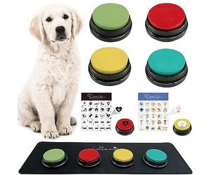 MMGGAISH Boutons de Communication pour Chien, Boutons enregistrables, Boutons pour Chiens, 4 Boutons, 1 Tampon en Caoutchouc, 50 Autocollants, entraînez Votre Chien à Parler
