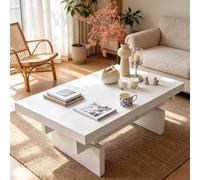 MMleYN Grande Table Basse Bois Massif, Table De Centre Style Champêtre | Plateau Épais 5cm Pin Naturel Basse Robuste, Meuble De Salon Moderne Pour Maison Bureau Séjour(Weiß,150x60x36cm)