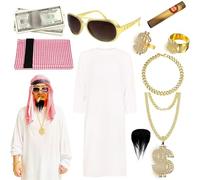 MmmLucipor Costume Arabe, Cheikh Tenue, Costume Le Cheik, Djellaba Homme, avec Foulard et Lunettes de Soleil, Doigt Bague Colliers pour Carnaval, Fêtes, Cosplay (XL)