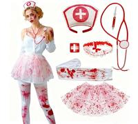 MmmLucipor Costume d'infirmière Zombie Femme, Costume d'infirmière Sanglante, avec Jupe Tulle Tachée Sang, Stéthoscope, stylos forme seringues, Bandeaux d'infirmière, Bas, Jarretière avec Dentelle