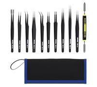 MMOBIEL 10x Industriel Précision ESD Pincettes Acier Inox Antistatique pour Électronique Outils, Bijoux, Ordinateur, Laboratoire, l'Artisanat et les Hobbies, etc. - Inclus Spatule et Étui