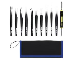 MMOBIEL 10x Industriel Précision ESD Pincettes Acier Inox Antistatique pour Électronique Outils, Bijoux, Ordinateur, Laboratoire, l'Artisanat et les Hobbies, etc. - Inclus Spatule et Étui