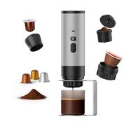 MMOBIEL Cafetière Portable Machine à Café Expresso Électrique avec Base Anti-Dérapante, Auto-Chauffante & USB-C - Compatible Capsules & Café Moulu pour Voyage, (Argent + Support)