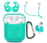 MMOBIEL étui écouteurs en Silicone pour AirPods 1/2 Housse de Protection 6en1 avec Corde Anti-Perte, Boucle Anti-Pendaison et Manchon Bouchon d’Oreille (Vert)