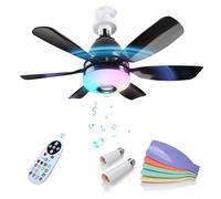 MMOBIEL Ventilateur Plafond avec Lumière Ampoule LED Dimmable 3000K-6500K avec Haut-Parleur Bluetooth, 7 Modes RGB, 3 Vitesses, 2x6 Pales, Télécommande, Douille E27 - Chambre et Cuisine - Noir