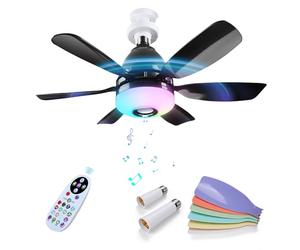 MMOBIEL Ventilateur Plafond avec Lumière Ampoule LED Dimmable 3000K-6500K avec Haut-Parleur Bluetooth, 7 Modes RGB, 3 Vitesses, 2x6 Pales, Télécommande, Douille E27 - Chambre et Cuisine - Noir