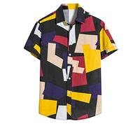 MMOOVV Chemise avec imprimé géométrique, chemise colorée en lin à manches courtes en coton imprimé, chemisier à manches courtes, haut hawaïen avec effet visuel abstrait et intéressant, multicolore, M