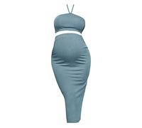 MMOOVV Ensemble haut côtelé à bretelles et jupe crayon pour femme enceinte Grande taille, bleu clair, S
