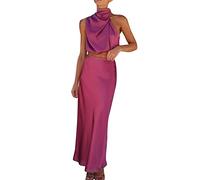 MMOOVV Ensemble jupe 2 pièces pour femme, haut + jupe, jupe en satin, robe de soirée légère, dos nu, tenue de tempérament pour femme, élégante, Rose, M