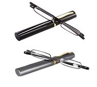MMOWW Lot de 2 paires de mini lunettes de lecture compactes pour homme et femme - Lecteurs de poche en métal super léger avec étui à stylo portable (noir/gris métallique + 1,5)
