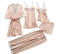 MMsanshen Lingerie Dentelle Robe Nuit Ensemble Nuisette Pyjama sous-vêtements Élégant Raffiné Transparent Satin Romantique Séduisant Fantaisie Intime Passion Femme Magnifique Luxe (Beige, L)