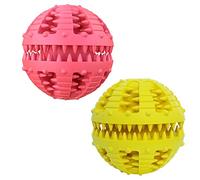 MMSGA 2 Pcs Jouet pour Chiens Balle,Boule de Nettoyage des Molaires de Chien Chat,D'entraînement Interactif Distribution de Nourriture Jouet Balle (Rouge + Jaune, 8cm)