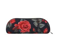 MMSJSBVY Blue Flowers Trousse à crayons en cuir - Organiseur demi-rond avec fermeture éclair pour stylos, cosmétiques et voyage, Magnifiques roses rouges, Taille unique, Cartable