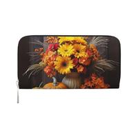 MMSJSBVY Bunny Rosette Portefeuille long en cuir avec fermeture éclair et emplacements pour cartes pour femme, Fleurs d'automne Citrouille de foin, One Size
