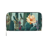 MMSJSBVY Portefeuille long en cuir avec fermeture éclair et emplacements pour cartes Motif bleuets pastel pour femme, Cactus floral d'été, One Size