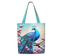 MMSJSBVY Sac fourre-tout en toile Candy - Léger - En polyester - Réutilisable - Pour le travail, l'école et l'épicerie, Beau paon et floral, Taille unique