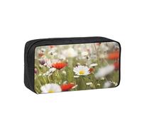 MMSJSBVY Trousse à crayons de grande capacité en tissu Oxford avec fermeture éclair lisse pour l'école, le bureau, les voyages, Fleurs de prairie et marguerites, Taille unique, Trousse de beauté