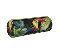 MMSJSBVY Trousse de rangement cylindrique en cuir avec fermeture éclair et nœud papillon - Grande capacité - Convient pour les étudiants, le bureau, les voyages, Perchoir toucan des forêts tropicales