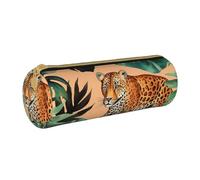 MMSJSBVY Trousse de rangement cylindrique en cuir avec fermeture éclair - Motif baleines - Grande capacité - Convient pour les étudiants, le bureau, les voyages, Motif léopard et feuilles de palmier