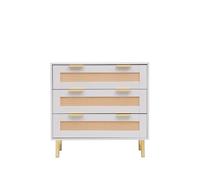 MMT Commode élégante avec façades de tiroirs en rotin, 3 tiroirs de rangement, blanc/finition naturelle, poignées dorées et pieds en acier, 80 cm de long x 77 cm de haut, commode élégante pour chambre
