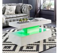MMT Furniture Designs Ltd Table basse blanche avec lumières LED pour salon moderne, deux étagères de rangement design 100cm x 50cm x 39cm alimenté par batterie
