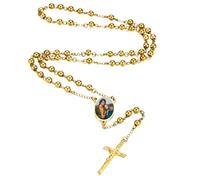 MMXX Collier Chapelet Personnalisé avec Photo Texte pour Hommes Femmes Collier Croix Catholique Perles de Prière Catholiques Personnalisées Pendentif Crucifix Cadeaux Religieux - Or