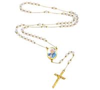 MMXX Collier Chapelet Personnalisé avec Photo Texte pour Hommes Femmes Collier Croix Catholique Perles de Prière Catholiques Personnalisées Pendentif Crucifix Cadeaux Religieux - Blanc