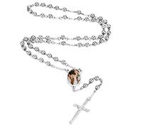 MMXX Collier Chapelet Personnalisé avec Photo Texte pour Hommes Femmes Collier Croix Catholique Perles de Prière Catholiques Personnalisées Pendentif Crucifix Cadeaux Religieux - Argent