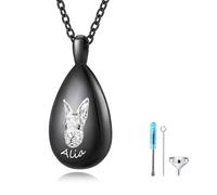 MMXX Portrait D'animal Personnalisé Collier Urne en Forme de Larme pour Cendres avec Nom/Photo Acier Inoxydable Bijoux Commémoratif de Crémation pour Amoureux des Animaux (Noir - Photo)