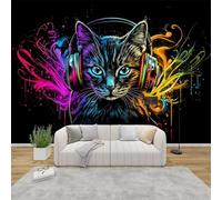 MMYAOKEN Papier Peint Panoramique Chat Noir 450x315 cm - Décoration Murale Theme Musique Graffiti - Tapisserie Murales Papier Peint Intissé pour Chambre Salon - Poster Tableaux Photo Muraux